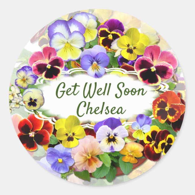 Sticker Rond Jolies Pansies Obtiennent De Bons Souhaits (Devant)