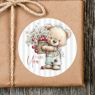 Sticker Rond Jolies Rayures Grises Teddy Daisy Cerise Merci