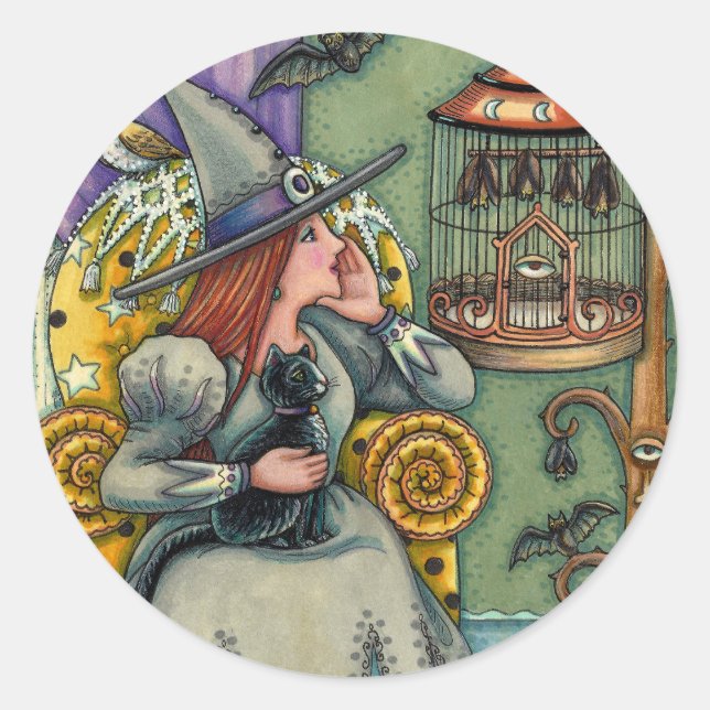 STICKER ROND JOLIMENT WITCH, CHAT & SES ANIMAUX, CAGE DE MAIN,  (Devant)