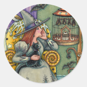 STICKER ROND JOLIMENT WITCH, CHAT & SES ANIMAUX, CAGE DE MAIN,