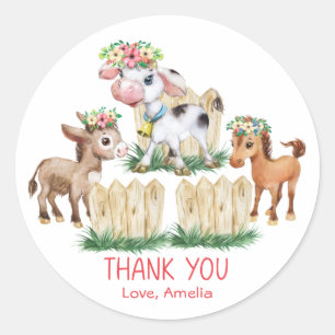 Sticker Rond Jolis Animaux de Ferme Floraux Merci