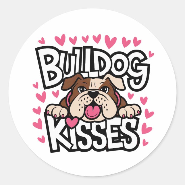Sticker Rond Jolis bisous de chiot Bouledogue en rose  (Devant)