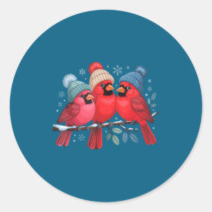Sticker Rond Jolis Cardinals Rouges Avec Chapeaux Tricotés Oise