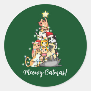 Sticker Rond Jolis Drôles de Chats de Noël Chatmas Arbre de Noë