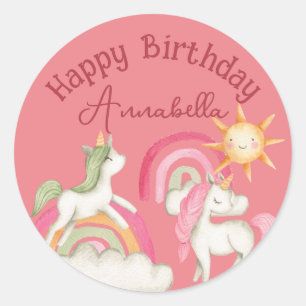Sticker Rond Jolis licornes sur rose