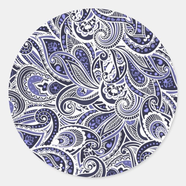 Sticker Rond Jolis motifs paisley bleu blanc design (Devant)