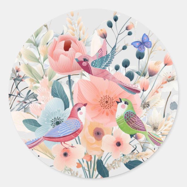 Sticker Rond Jolis Oiseaux Floraux Aquarelle Printanière Pastel (Devant)