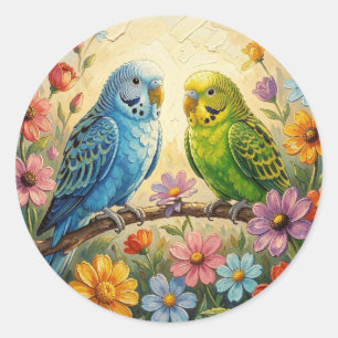 Sticker Rond Jolis perroquets bleus et verts Impasto  