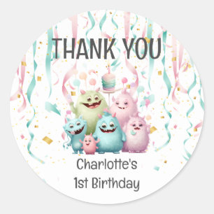 Sticker Rond Jolis Petits Monstres 1er Anniversaire. Merci