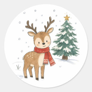Sticker Rond Jolis rennes de Noël avec une écharpe rouge