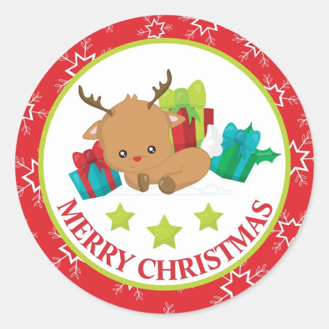 Sticker Rond Jolis rennes de Noël et cadeaux (Devant)