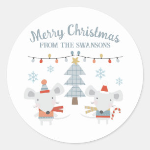 Sticker Rond Jolis souris de Noël et arbre