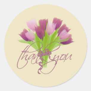 Sticker Rond Jolis tulipes roses et violets Merci