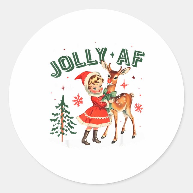 Sticker Rond Jolly Af Christmas Retro 50s Cute Girl And Deer Vi (Devant)