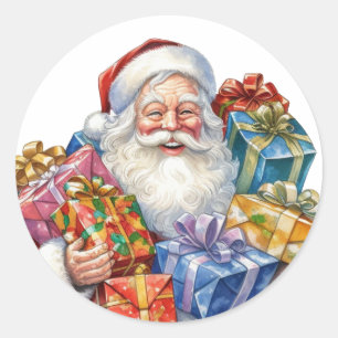 Sticker Rond Jolly Santa Claus En Costume Rouge Traditionnel