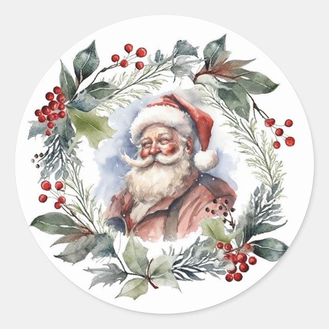 Sticker Rond Jolly Souriant Père Noël Aquarelle couronne de Noë (Devant)