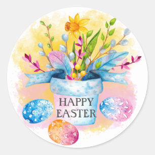 Sticker Rond Jonquilles jaunes Œufs roses bleus Joyeuses Pâques