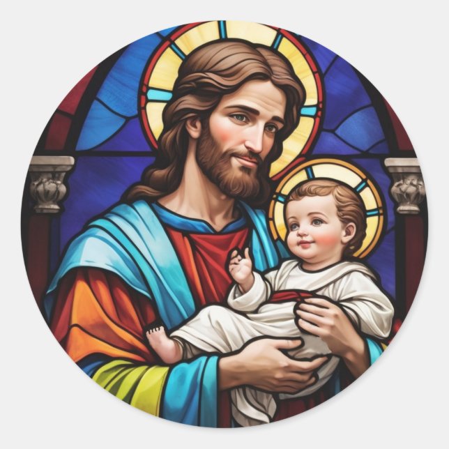 Sticker Rond Joseph et Bébé Jésus Verre de Chrétien (Devant)