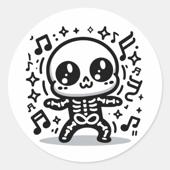 Sticker Rond Jote Dancing Skeleton Funny Kawaii Halloween Decal (Devant)