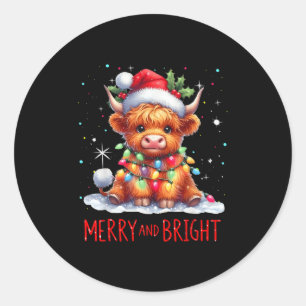 Sticker Rond Jote Highland Bébé Vache Lumières de Noël Joyeux &