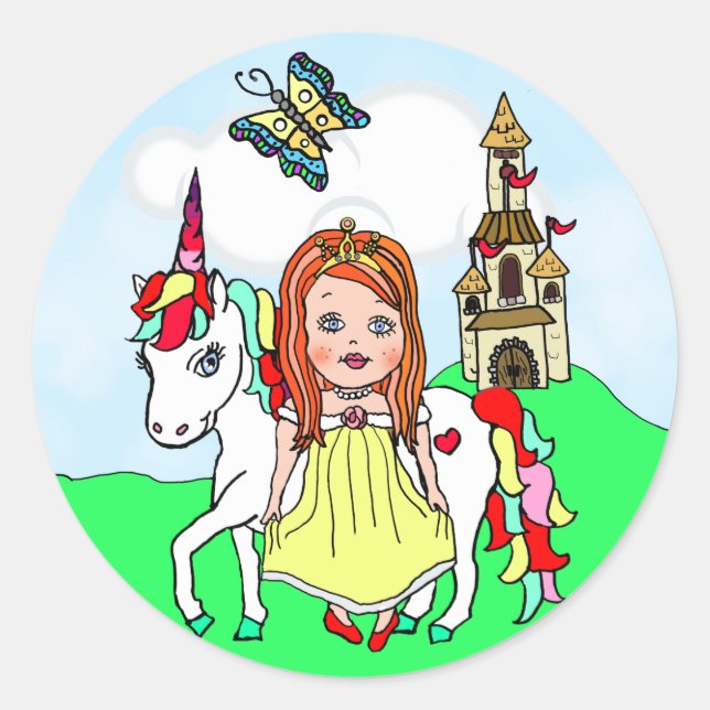 Sticker Rond Jote Red Haired Princess et le château de Unicorn (Devant)