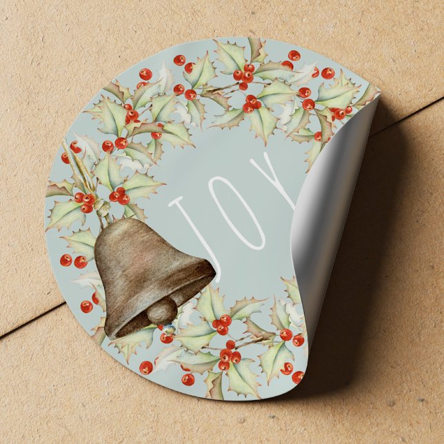 Sticker Rond JOUE Typographie Holly Berries Wreath Blue Christm (Créateur téléchargé)