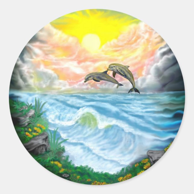 Sticker Rond Jouer aux dauphins sous le soleil (Devant)