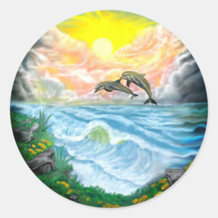Sticker Rond Jouer aux dauphins sous le soleil