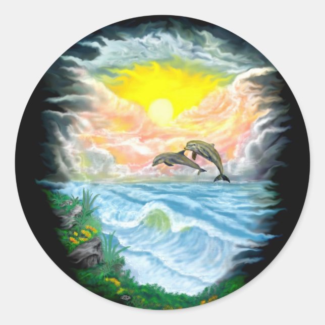 Sticker Rond Jouer aux dauphins sous le soleil (Devant)