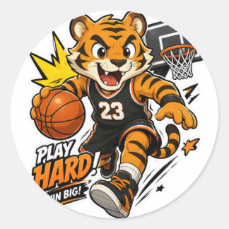 STICKER ROND JOUER DUR GAGNER GRAND TIGRE BASKETBALL AUTOCOLLAN