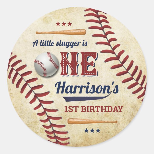 Sticker Rond Jouets de baseball vintages 1er anniversaire (Devant)
