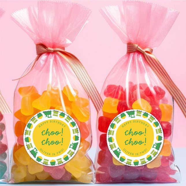 Sticker Rond Jouets de garçon Trains Verts Choo Choo Fête d'ann (Boy's Toys Fun Transport Green Choo Choo Trains Birthday Party Favor Sticker @ fatfatin_mini_me)
