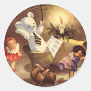 Sticker Rond Jouets de Noël vintage, poupées dansantes, ours en