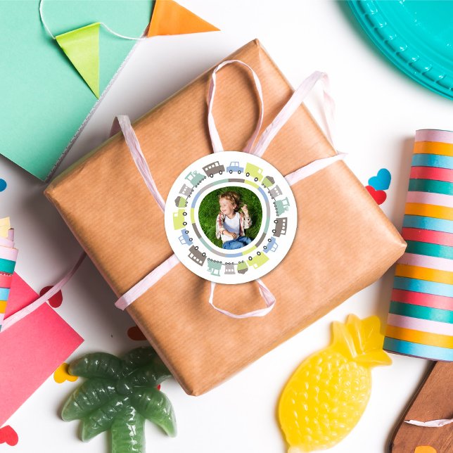 Sticker Rond Jouets pour garçons Fun Transport Pastel Anniversa (Boys Toys Pastel Blue Cute Transport Cars Bus Truck Trains Kid's Birthday Party Favor Photo Stickers)