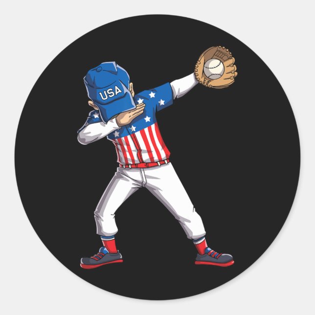 Sticker Rond Joueur de baseball Dabbing 4 juillet Drapeau améri (Devant)