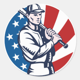 Sticker Rond Joueur de baseball tenant batte drapeau américain