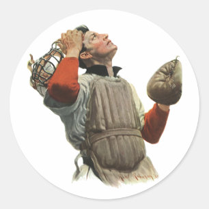 Sticker Rond Joueur de baseball vintage, receveur regarde en ha