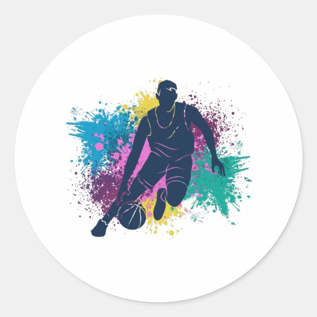 Sticker Rond Joueur de basket-ball Grungy Couleurs Splashes (Devant)