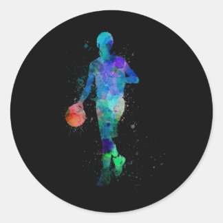 Sticker Rond Joueur De Basket En Aquarelle Bleue