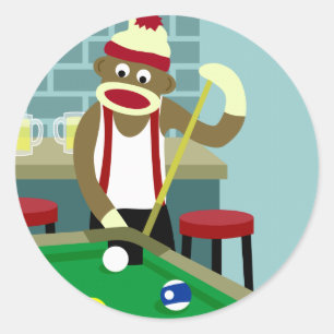 Sticker Rond Joueur de billard Sock Monkey Pool