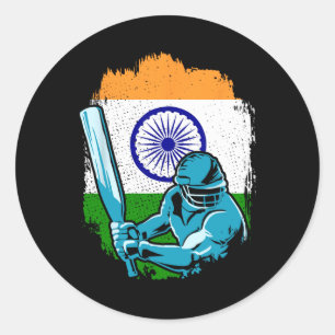 Sticker Rond Joueur de cricket indien Drapeau indien Fan de cri
