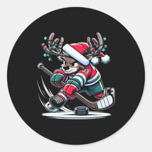 Sticker Rond Joueur de hockey au renne slapshot cerf en fête Ho