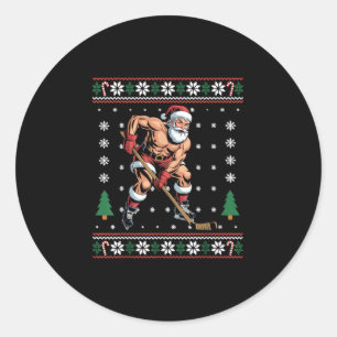 Sticker Rond Joueur de hockey rétro santa drôle Noël dégueu