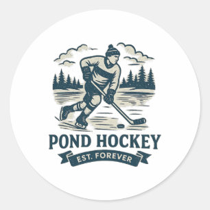 Sticker Rond Joueur de hockey rétro sur étang Lac gelé Hiver 