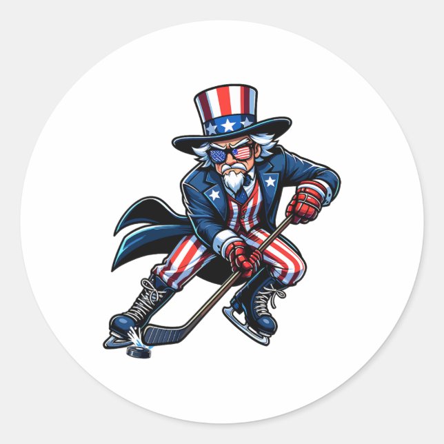 Sticker Rond Joueur de hockey Sam de l'oncle patriotique 4 juil (Devant)