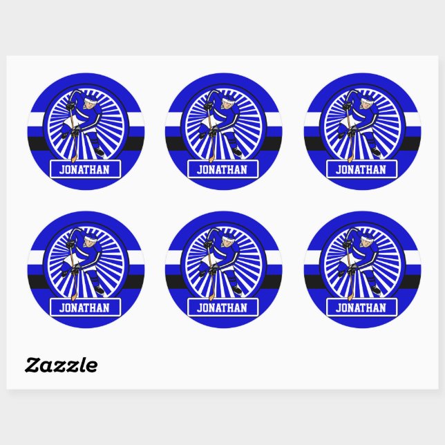 Sticker Rond Joueur de hockey sur glace personnalisé bleu (Feuille)