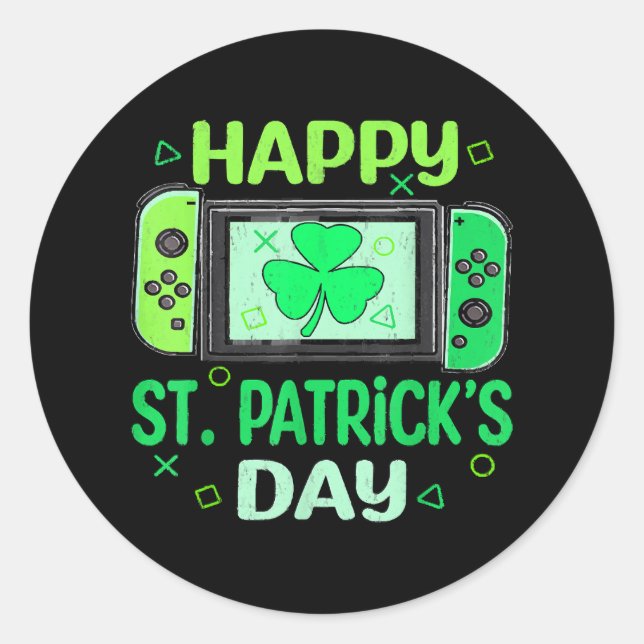 Sticker Rond Joueur de jeu vidéo Trèfle Joyeux St Patrick (Devant)