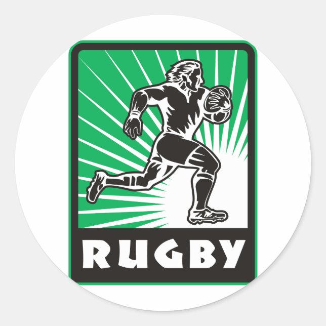 Sticker Rond joueur de rugby courant avec balle (Devant)