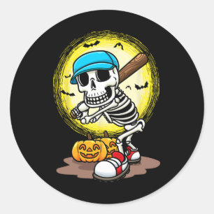 Sticker Rond Joueur Skeleton Softball Halloween Enfants Garçons