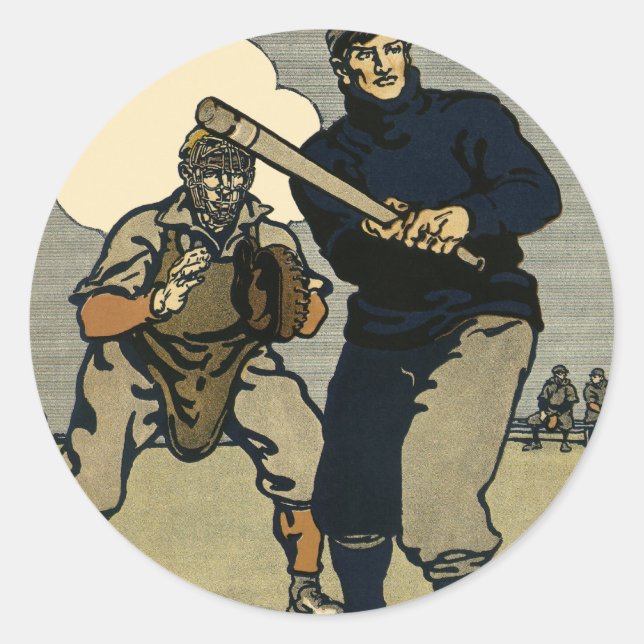 Sticker Rond Joueurs de baseball vintage, art stylisé (Devant)